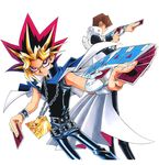  2boys absurdres blonde_hair brown_hair card cards duel_disk highres kaiba_seto multiple_boys mutou_yugi mutou_yuugi short_hair spiked_hair spikey_hair takahashi_kazuki yami_yugi yami_yuugi yu-gi-oh! yuu-gi-ou_duel_monsters 