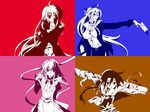  3girls alastor_(shakugan_no_shana) jewelry khamsin_nbh'w maid marchosias margery_daw monochrome multiple_girls parody pendant saiyuki school_uniform serafuku shakugan_no_shana shana sword tachitsu_teto weapon wilhelmina_carmel 