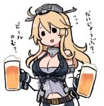  1girl :d ahoge anchor_symbol beer_mug blonde_hair breasts cleavage commentary_request elbow_gloves gloves iowa_(kantai_collection) kantai_collection large_breasts long_hair lowres navel_cutout open_mouth simple_background smile solid_circle_eyes solo terrajin translation_request upper_body white_background 