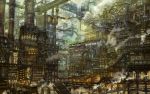  building city city_lights cityscape dark fantasy highres munashichi no_humans original pipes scenery stairs steam 