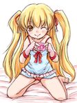  blonde_hair brown_eyes camisole condom feet hair_ribbon ikkomon kneeling long_hair one_eye_closed panties papa_no_iu_koto_wo_kikinasai! ribbon smile solo takanashi_miu twintails two_side_up underwear very_long_hair 