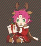  +_+ 1girl antlers boots box brown_gloves cape dress fa facial_mark fire_emblem fire_emblem:_fuuin_no_tsurugi fire_emblem_heroes forehead_mark full_body fur_trim gift gift_box gloves green_eyes kyufe long_sleeves mamkute nintendo open_mouth pointy_ears purple_hair reindeer_antlers short_hair simple_background sitting solo 