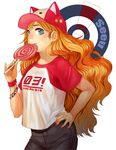  animal_hat bad_id bad_pixiv_id badge baseball_cap blonde_hair blue_eyes bracelet button_badge candy casual food hat jewelry lollipop long_hair looking_at_viewer nagu nail_polish raglan_sleeves seeu solo vocaloid 