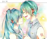  1girl aqua_eyes aqua_hair bad_id bad_pixiv_id closed_eyes genderswap genderswap_(ftm) hatsune_miku hatsune_mikuo holding_hands long_hair mikupa necktie open_mouth shiro_(ryuu) smile twintails vocaloid 