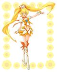  bad_id bad_pixiv_id blonde_hair boots bow choker colorized crossed_legs cure_sunshine dorago floral_background hair_ribbon heart heartcatch_precure! highres knee_boots long_hair magical_girl midriff myoudouin_itsuki navel orange_(color) orange_bow orange_choker orange_skirt potpourri_(heartcatch_precure!) precure ribbon skirt standing twintails watson_cross white_background wrist_cuffs y_(shineaqua) yellow_eyes 