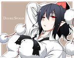  bad_id bad_pixiv_id black_hair blush breasts double_spoiler dress_shirt expressionless hat kinsenka large_breasts looking_at_viewer parted_lips pointy_ears red_eyes shameimaru_aya shirt short_hair solo tokin_hat touhou 