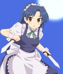  :o apron blue_hair brown_eyes commentary_request cosplay dress hiryuu_kai_(hiryukai58) idolmaster idolmaster_(classic) izayoi_sakuya izayoi_sakuya_(cosplay) kisaragi_chihaya knife long_hair looking_at_viewer maid maid_headdress solo touhou trait_connection 