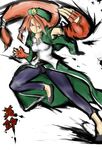  braid chinese_clothes fighting_stance fingerless_gloves gloves hat highres hong_meiling long_hair parody ponytail red_eyes red_hair solo street_fighter street_fighter_iv_(series) style_parody touhou very_long_hair 