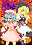  bad_id bad_pixiv_id bat bat_wings braid candy fang food ghost halloween hat jack-o'-lantern kirisame_marisa lollipop momose_rin multiple_girls pumpkin remilia_scarlet shaped_lollipop star striped striped_legwear thighhighs touhou wings witch_hat 