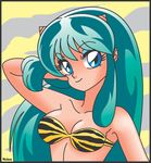  1girl bikini blue_eyes bra breasts female green_hair highres horns lingerie long_hair lum oni smile solo swimsuit underwear urusei_yatsura vector 