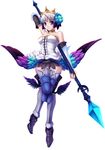  armor armored_dress bare_shoulders dress flower fujirin gwendolyn hair_flower hair_ornament multicolored multicolored_wings odin_sphere polearm purple_eyes spear strapless strapless_dress thighhighs valkyrie weapon white_hair wings zettai_ryouiki 