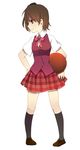  akashi_yuuna bad_id bad_pixiv_id basketball black_legwear blouse brown_eyes brown_hair hida_itsu kneehighs mahora_academy_middle_school_uniform mahou_sensei_negima! plaid plaid_skirt ribbon school_uniform side_ponytail simple_background skirt socks solo vest 