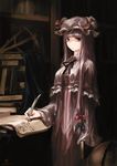  bangs blunt_bangs book bookshelf bow closed_mouth crescent expressionless feathers globe hair_bow hat highres jq long_hair patchouli_knowledge purple_eyes purple_hair quill solo touhou very_long_hair writing 