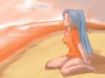  asakura_ryouko barefoot beach blue_eyes blue_hair highres long_hair ootalia ponytail shirt solo suzumiya_haruhi_no_yuuutsu t-shirt 