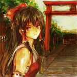  ascot bare_shoulders breasts brown_eyes brown_hair detached_sleeves expressionless hakurei_reimu long_hair lowres medium_breasts pooj ribbon sarashi solo torii touhou 