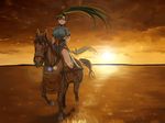  earrings fingerless_gloves fire_emblem fire_emblem:_rekka_no_ken gloves green_eyes green_hair highres horse horseback_riding jewelry long_hair lyndis_(fire_emblem) ponytail riding shunzou solo sunset sword very_long_hair weapon wind 