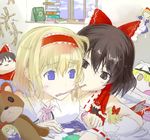  :&lt; alice_margatroid bad_id bad_pixiv_id blonde_hair blue_eyes book bow couple detached_sleeves doll food hair_bow hairband hakurei_reimu hexagram kirisame_marisa kona_banana_wani-en multiple_girls nail needle pocky shanghai_doll sleeping stuffed_animal stuffed_toy teddy_bear touhou voodoo_doll window yukkuri_shiteitte_ne yuri 