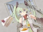  cake detached_sleeves food green_hair hatsune_miku long_hair mieharu necktie open_mouth pastry solo spill twintails very_long_hair vocaloid window 