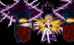  aura blonde_hair crossed_legs crossover elbow_gloves energy gloves glowing glowing_eyes granzon hair_ribbon hat hat_ribbon high_heels long_hair mecha ribbon shoes sitting smile super_robot_wars super_robot_wars_the_lord_of_elemental thighhighs touhou umbrella yakumo_yukari yellow_eyes yo-chaosangel 