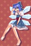  ;d \m/ adapted_costume barefoot blue_eyes blue_nails bow cirno dress feet hair_bow jewelry nail_polish necklace one_eye_closed open_mouth pendant smile solo toe_ring toenail_polish toenails touhou v_over_eye wings zeku_(furrock) 