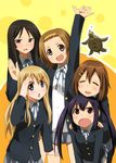  :d akiyama_mio animal bad_id bad_pixiv_id black_hair blazer buttons grey_skirt hairband hirasawa_yui jacket k-on! kotobuki_tsumugi long_sleeves looking_at_viewer miniskirt multiple_girls nakano_azusa open_mouth skirt smile tainaka_ritsu turtle twintails umekichi 