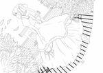  bad_id bad_pixiv_id bow bush castle copyright_request dress dutch_angle frilled_skirt frills gate gloves greyscale hair_bow high_heels jacket leaf monochrome ponytail ribbon skirt solo uzuki_tatsuki 