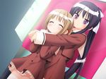  blush brown_hair game_cg hanahira! hug hug_from_behind multiple_girls peko ponytail purple_eyes purple_hair school_uniform short_hair sono_hanabira_ni_kuchizuke_wo st._michael's_school_uniform toudou_makoto uozumi_koharu yuri 