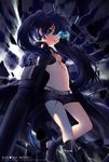  arm_cannon belt bikini_top black_hair black_rock_shooter black_rock_shooter_(character) blue_eyes boots burning_eye coat front-tie_top kaze-hime long_hair midriff navel short_shorts shorts smile solo twintails uneven_twintails very_long_hair weapon 