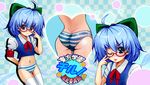  ;p ahoge armband ass bad_id bad_pixiv_id bespectacled blue_hair bow bowtie cirno glasses hair_bow herin_(dark-angel) no_pants one_eye_closed panties short_hair striped striped_panties thighhighs tongue tongue_out touhou underwear white_legwear 