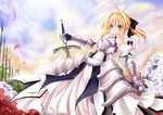  ahoge armor armored_dress artoria_pendragon_(all) blonde_hair caliburn day dress fate/stay_night fate/unlimited_codes fate_(series) faulds flower green_eyes millelunar ponytail saber saber_lily short_hair sky solo sword weapon 