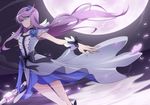  black_choker blue_eyes blue_flower blue_rose choker cure_moonlight elbow_gloves flower flower_tact gloves heartcatch_precure! long_hair magical_girl moon night night_sky outstretched_arm petals precure purple_hair rose single_elbow_glove single_glove sky solo tsukikage_yuri waxwa wristband 