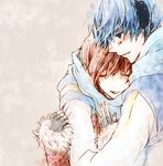  1girl artist_request blue_hair blue_scarf brown_hair couple fingerless_gloves gloves hetero highres hug kaito meiko scarf vocaloid winter 