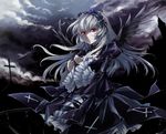  black black_wings cloud dark dress hairband highres mtyy red_eyes rozen_maiden silver_hair solo suigintou wings 