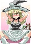  armpits arms_behind_head arms_up blush breasts cleavage hakurei_reimu highres kirisame_marisa kochiya_sanae large_breasts multiple_girls sleeveless spread_legs sweat tears touhou tsuki_wani 