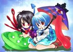  asymmetrical_wings bad_id bad_pixiv_id biyon black_hair blue_eyes blue_hair eggplant full_body geta heterochromia houjuu_nue karakasa_obake multiple_girls purple_umbrella red_eyes short_hair tatara_kogasa tongue touhou ufo umbrella wings 