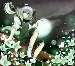  black_hairband cloud flower ghost green_eyes hair_ribbon hairband konpaku_youmu konpaku_youmu_(ghost) mary_janes night petals ribbon rikkunia shoes short_hair silver_hair sitting solo sword touhou weapon 