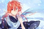  artist_request blue_eyes breath himura_kenshin japanese_clothes long_hair male_focus red_hair rurouni_kenshin scar scarf snow solo winter 