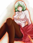  bad_id bad_pixiv_id blush breasts brown_legwear cleavage flan_(harry_mackenzie) green_hair kazami_yuuka legs medium_breasts off_shoulder open_clothes open_shirt pantyhose plaid plaid_skirt plaid_vest red_eyes shirt short_hair sitting skirt skirt_set smile solo touhou vest 