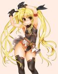  adjusting_hair armpits arms_up asanagi belt blonde_hair breasts cameltoe contrapposto covered_nipples fate_testarossa gloves groin hair_ribbon hairdressing highleg highleg_leotard highres hips leotard long_hair lyrical_nanoha mahou_shoujo_lyrical_nanoha orange_eyes ribbon ribs small_breasts smile solo standing thighhighs twintails upskirt very_long_hair 
