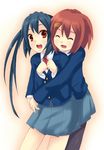  black_hair brown_eyes brown_hair closed_eyes hirasawa_yui hug k-on! long_hair multiple_girls nakano_azusa neck_ribbon pantyhose ponishi. red_ribbon ribbon school_uniform short_hair twintails 