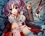  blazer blood blood_on_face blood_stain bloody_clothes blue_eyes choker dress_shirt jacket kneehighs knife open_mouth original purple_hair ribbon ribbon_choker ruo_(cruzada) shirt skirt skull smile socks solo yandere 