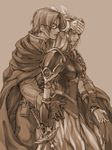  1girl armor armored_dress brown brown_background cloak dress glasses gloves helmet lenneth_valkyrie lezard_valeth long_hair lowres monochrome non-web_source short_hair sword takamizawa_mayu valkyrie valkyrie_profile weapon 