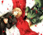  aplerichi axis_powers_hetalia blonde_hair cloth covering_eyes dual_persona formal gloves hands_clasped light_smile lithuania_(hetalia) lying military military_uniform multiple_boys necktie on_back own_hands_together petals poland_(hetalia) rose_petals short_hair suit uniform 