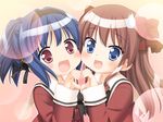  :d blue_eyes blue_hair blush bow cheek-to-cheek close-up game_cg hair_bow hair_ribbon hairband hanahira! hanemura_kaori heart heart_hands heart_hands_duo long_hair multiple_girls open_mouth peko pink_eyes pink_hair ponytail ribbon school_uniform short_hair smile sono_hanabira_ni_kuchizuke_wo sparkle st._michael's_school_uniform sweatdrop twintails yuri yuuki_amane 