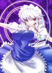  braid breasts covered_nipples impossible_clothes izayoi_sakuya knife large_breasts maid maid_headdress mouth_hold red_eyes short_hair silver_hair solo tanaka_ginji touhou twin_braids 