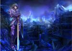  armor asigaru bad_id bad_pixiv_id blonde_hair cityscape crystal glowing landscape moon original scenery shield sky solo star_(sky) starry_sky sword weapon 