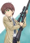  angel_beats! bad_id bad_pixiv_id bolt_action brown_hair green_eyes gun male_focus necktie ooyama_(angel_beats!) remington_model_700 rifle school_uniform scope sniper_rifle solo syo_jin weapon 