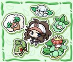  :d baseball_cap blue_eyes chibi cottonee creature flower gen_5_pokemon green grin hat lilligant long_hair open_mouth petilil plant pokemon pokemon_(creature) pokemon_(game) pokemon_bw ponytail red_eyes smile snivy teeth touko_(pokemon) whimsicott yanagi_(nurikoboshi) 