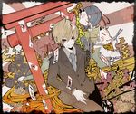  2girls ame_(96berd) bad_id bad_pixiv_id black_hair blonde_hair border coin colorful dissolving flat_color flower formal fox_mask high_contrast kariya-senpai kiben_gakuha_yotsuya-senpai_no_kaidan komachi-sensei kudou_tadanobu mask multiple_boys multiple_girls necktie rising_sun school_uniform scissors serafuku shiroki_hana short_hair smile suit sunburst sweater_vest torii twintails vest yellow_eyes 