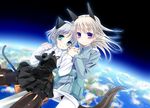  animal_ears black_legwear blonde_hair blue_eyes blush cat_ears cat_tail earth eila_ilmatar_juutilainen fox_ears fox_tail green_eyes holding_hands long_hair military military_uniform multiple_girls necktie pantyhose sanya_v_litvyak short_hair silver_hair smile space strike_witches striker_unit tail takashina_asahi uniform white_legwear world_witches_series 